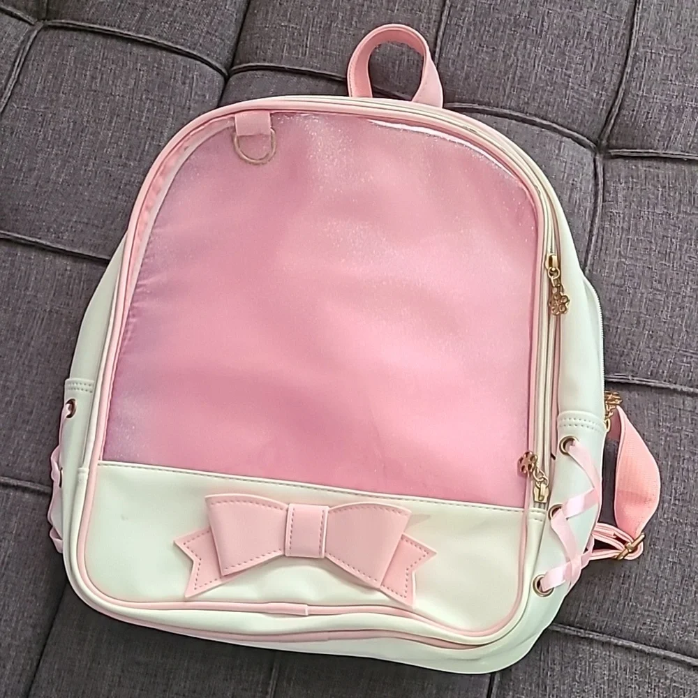 Donalworld white Pink bow backpack faux leather‎ NWT